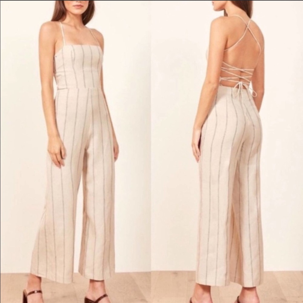 Reformation Cream Striped Wide Leg Jumpsuit